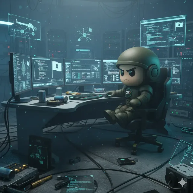 CTF7 mascot working through a War Zone operation at a battlestation desk
