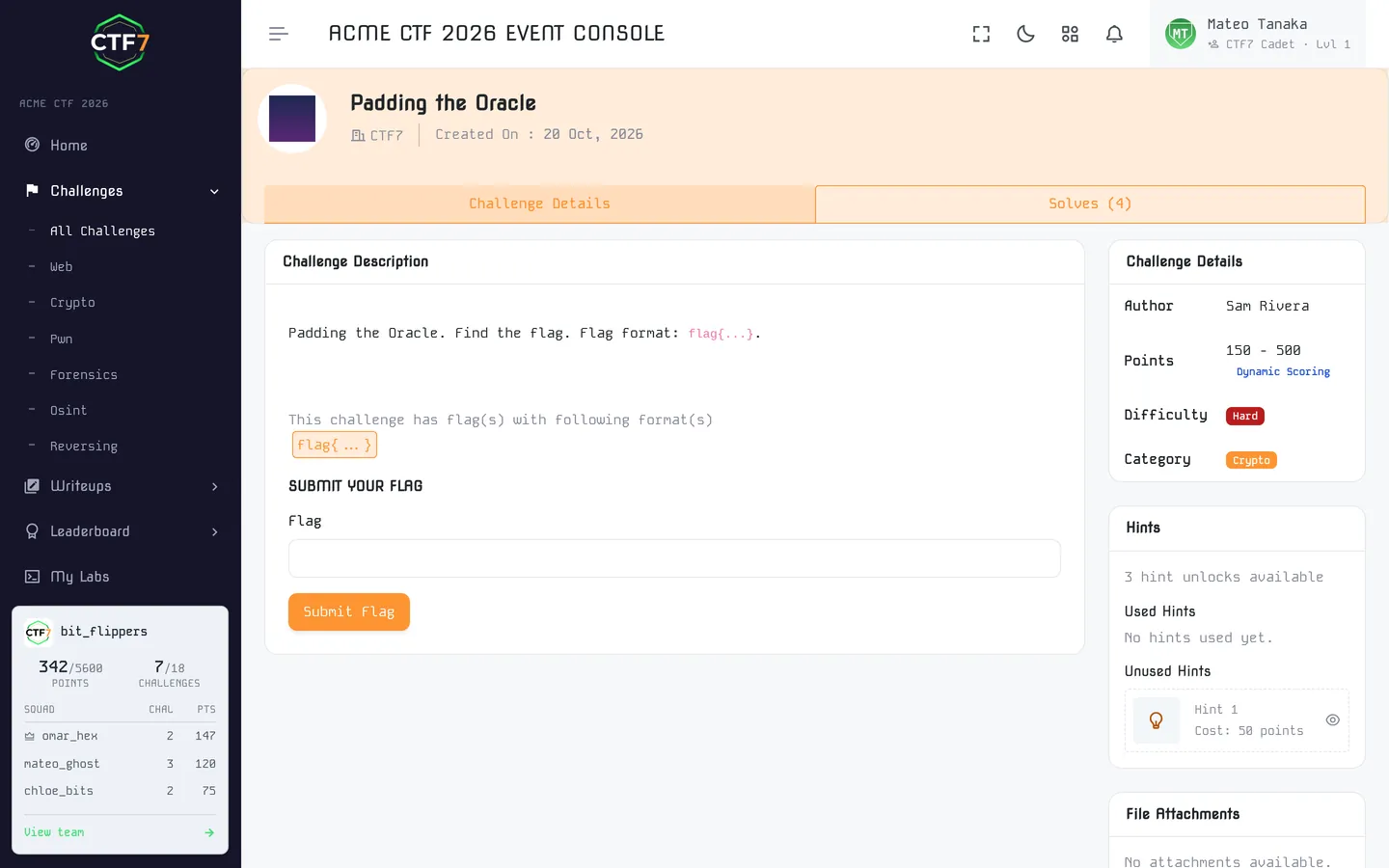 Challenge page showing a dynamic point range, hints with point costs and a flag submission box