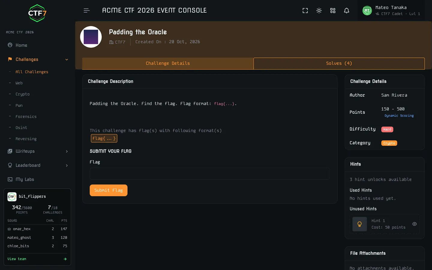 Challenge page showing a dynamic point range, hints with point costs and a flag submission box